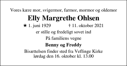 Dødsannoncen for Elly Margrethe Ohlsen - Odense