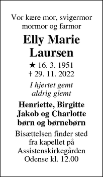 Dødsannoncen for Elly Marie
Laursen - Korsør