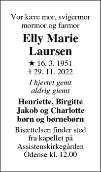 Dødsannoncen for Elly Marie
Laursen - Korsør
