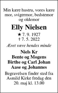 Dødsannoncen for Elly Nielsen - Bramming