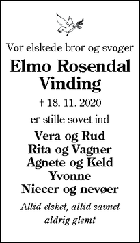 Dødsannoncen for Elmo Rosendal
Vinding - Bjert