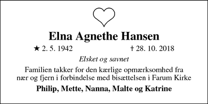 Dødsannoncen for Elna Agnethe Hansen - Nexø