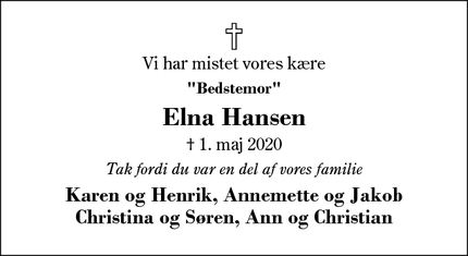 Dødsannoncen for Elna Hansen - Sunds