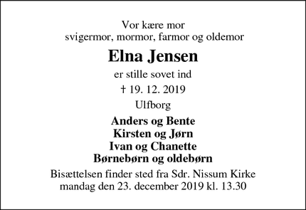 Dødsannoncen for Elna Jensen - Ulfborg