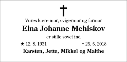 Dødsannoncen for Elna Johanne Mehlskov - Brønshøj