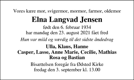 Dødsannoncen for Elna Langvad Jensen - Brædstrup