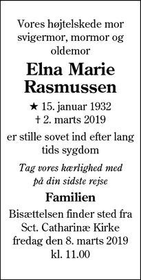 Dødsannoncen for Elna Marie
Rasmussen - Ribe