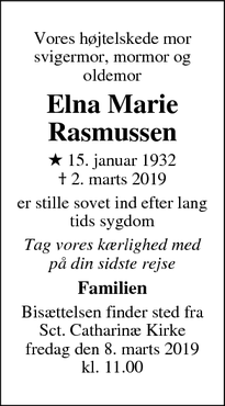 Dødsannoncen for Elna Marie
Rasmussen - Ribe