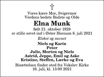 Dødsannoncen for Elna Munk - Nibe