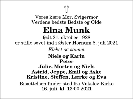 Dødsannoncen for Elna Munk - Nibe