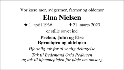 Dødsannoncen for Elna Nielsen - Voer