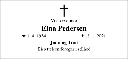 Dødsannoncen for Elna Pedersen - Frederikssund