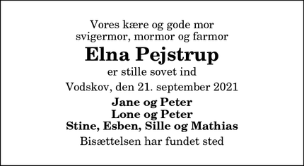 Dødsannoncen for Elna Pejstrup - Vodskov