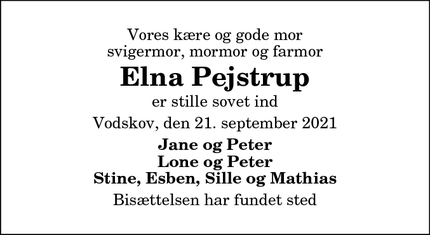 Dødsannoncen for Elna Pejstrup - Vodskov