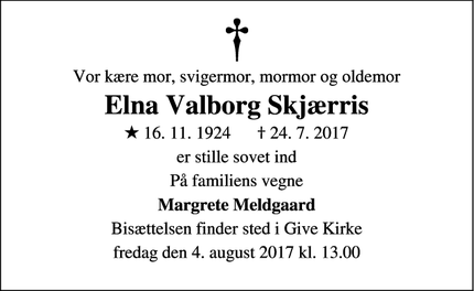 Dødsannoncen for Elna Valborg Skjærris - Thyregod