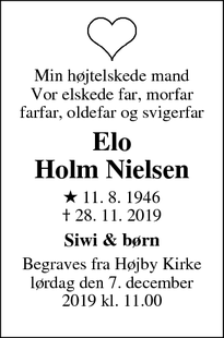 Dødsannoncen for Elo
Holm Nielsen - Odense S