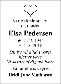 Dødsannoncen for Elsa Pedersen - Vejle