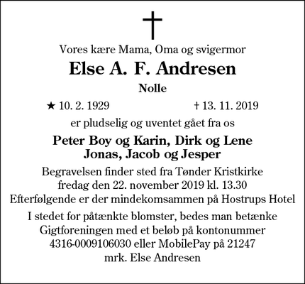 Dødsannoncen for Else A. F. Andresen - Tønder 