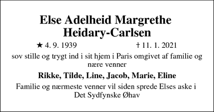 Dødsannoncen for Else Adelheid Margrethe 
Heidary-Carlsen - Paris
