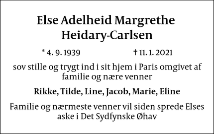 Dødsannoncen for Else Adelheid Margrethe 
Heidary-Carlsen - Paris