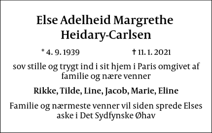 Dødsannoncen for Else Adelheid Margrethe
Heidary-Carlsen - Paris