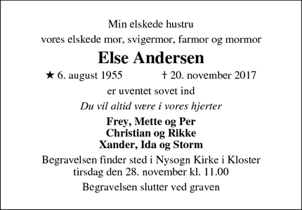 Dødsannoncen for Else Andersen - Kloster