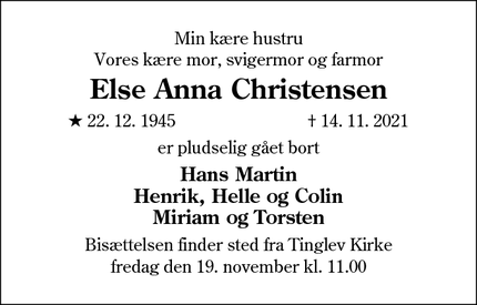 Dødsannoncen for Else Anna Christensen - Tinglev