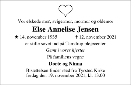 Dødsannoncen for Else Annelise Jensen - Horsens
