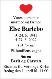 Dødsannoncen for Else Barlebo - Hårby
