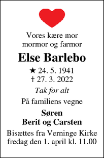 Dødsannoncen for Else Barlebo - Hårby