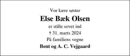 Dødsannoncen for Else Bæk Olsen - Ringkøbing