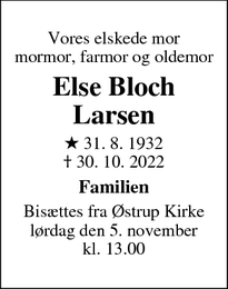 Dødsannoncen for Else Bloch Larsen - Otterup