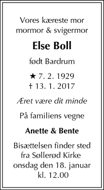 Dødsannoncen for Else Boll - Rudersdal