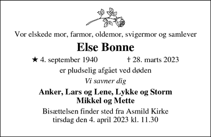 Dødsannoncen for Else Bonne - Viborg