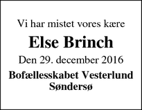 Dødsannoncen for Else Brinch - Søndersø