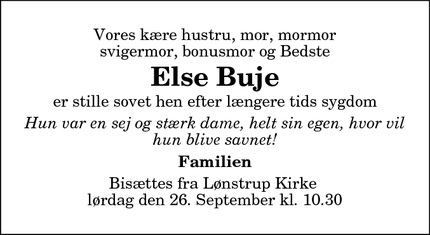 Dødsannoncen for Else Buje - Lønstrup