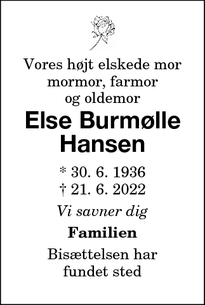 Dødsannoncen for Else Burmølle Hansen - Nykøbing F/vallensbæk