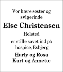 Dødsannoncen for Else Christensen - Holsted 