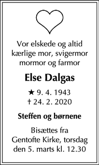 Dødsannoncen for Else Dalgas - Kongens Lyngby