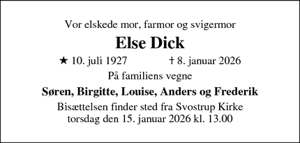 Dødsannoncen for Else Dick - Grauballe