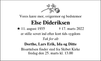 Dødsannoncen for Else Dideriksen - Vejle
