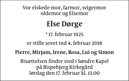 Dødsannoncen for Else Dørge - Gentofte