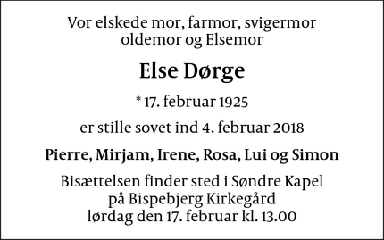 Dødsannoncen for Else Dørge - Gentofte