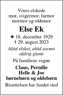 Dødsannoncen for Else Ek - Kongens Lyngby