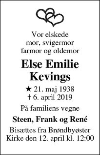 Dødsannoncen for Else Emilie Kevings - Brøndbyøster