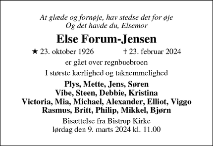Dødsannoncen for Else Forum-Jensen - Birkerød