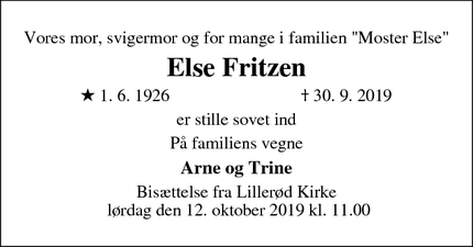 Dødsannoncen for Else Fritzen - Allerød