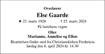 Dødsannoncen for Else Gaarde - København K