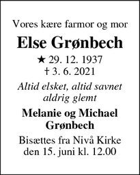 Dødsannoncen for Else Grønbech - Kokkedal