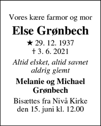 Dødsannoncen for Else Grønbech - Kokkedal